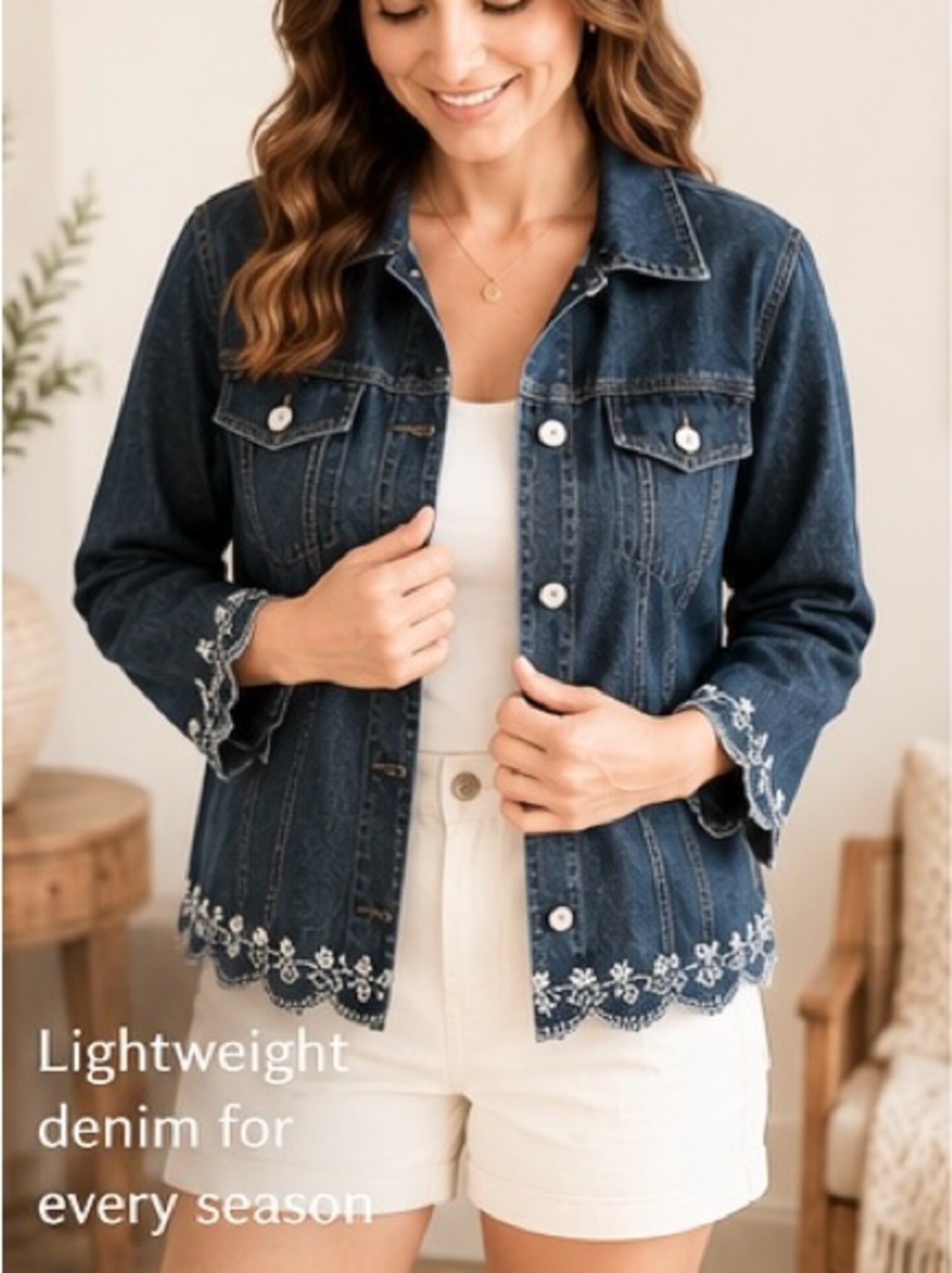 Christopher & Banks Dark Blue Denim Jacket with Scalloped Embroidered Hem Size S